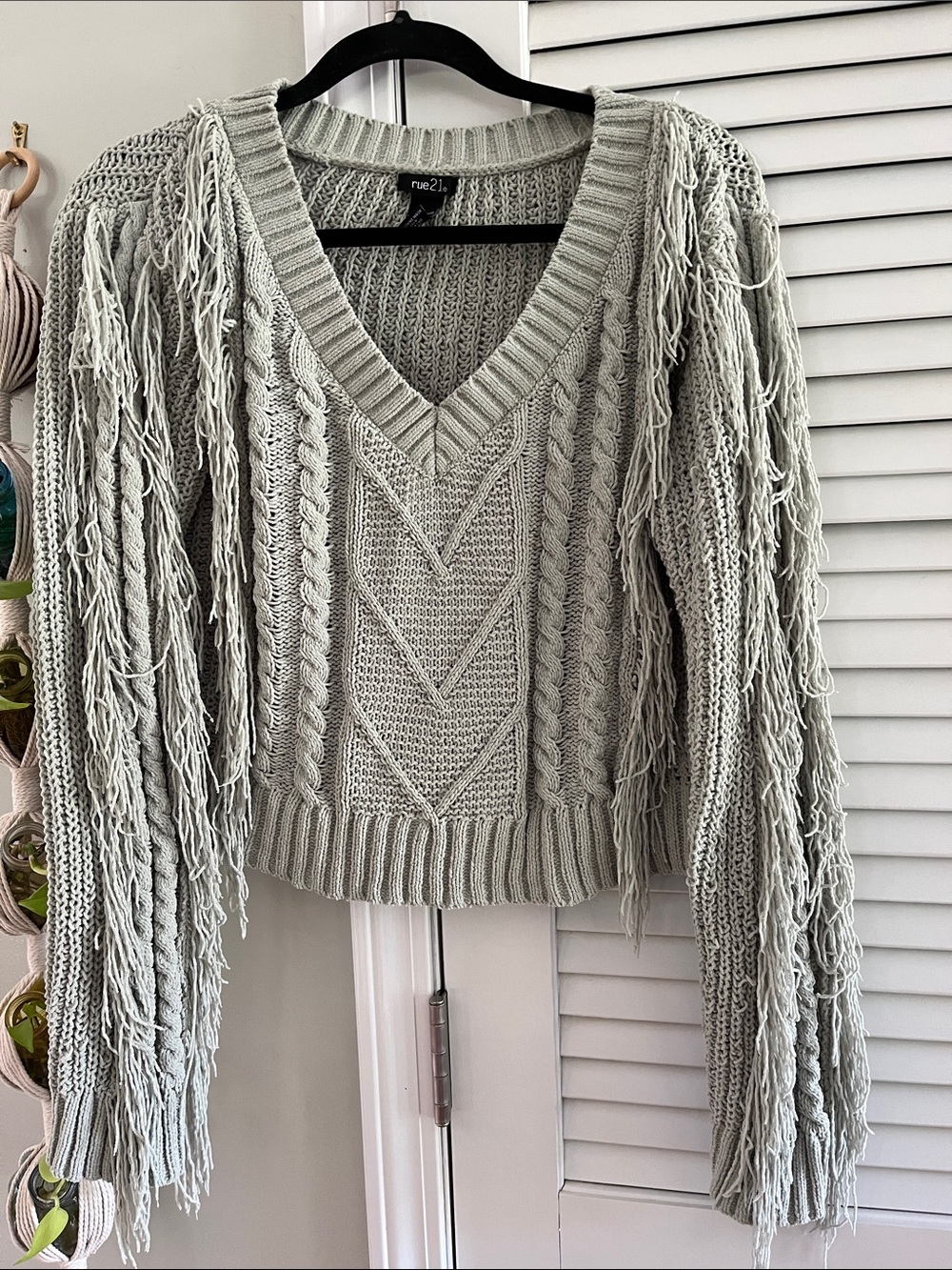 Rue21 Light Mint Fringe Cable V-Neck Sweater